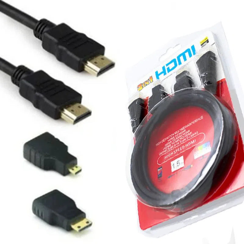 Cable Hdmi 3 en 1 Con Adaptador Mini y Micro Hdmi 1.5 Metros