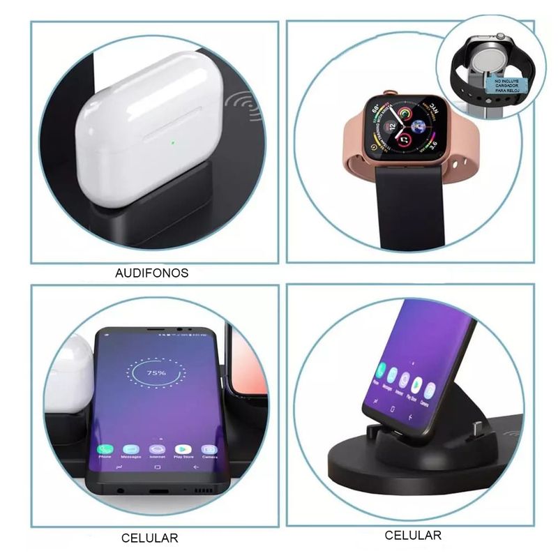 Cargador inalámbrico 4 en 1 para celulares Iphone, Android, Apple watch y Audifonos