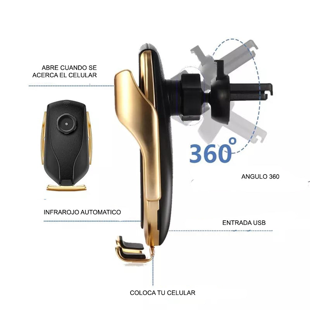 Cargador Inalámbrico Automático de Celular para Auto Dorado