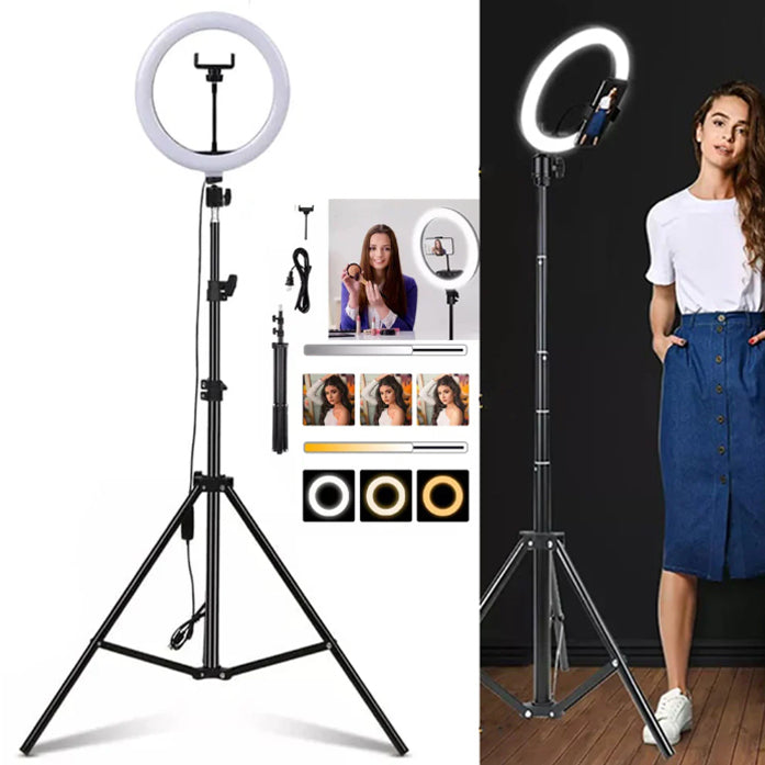 Aro de Luz de 26 Cm 3 Tonalidades con Trípode de 2.10 M y Soporte para Celular FYI260010 Mejor Calidad