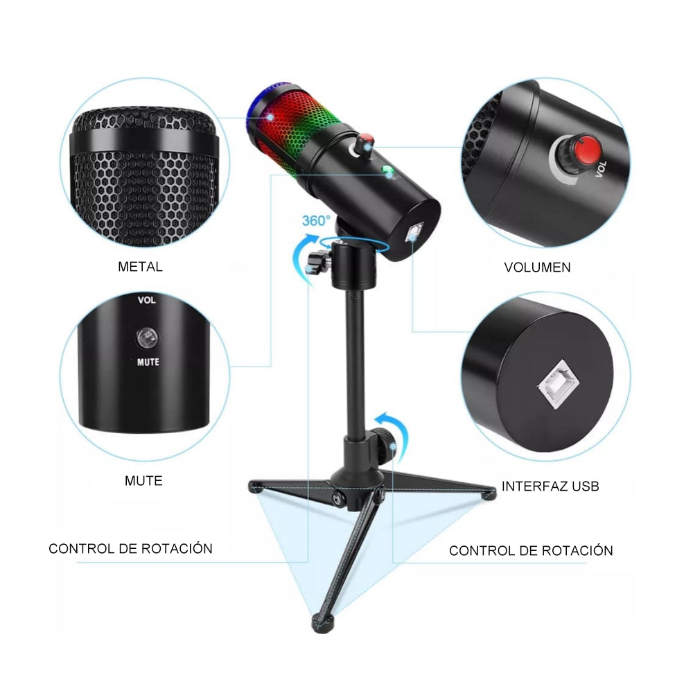 Micrófono Gamer de Escritorio con Luces RGB Calidad de Estudio