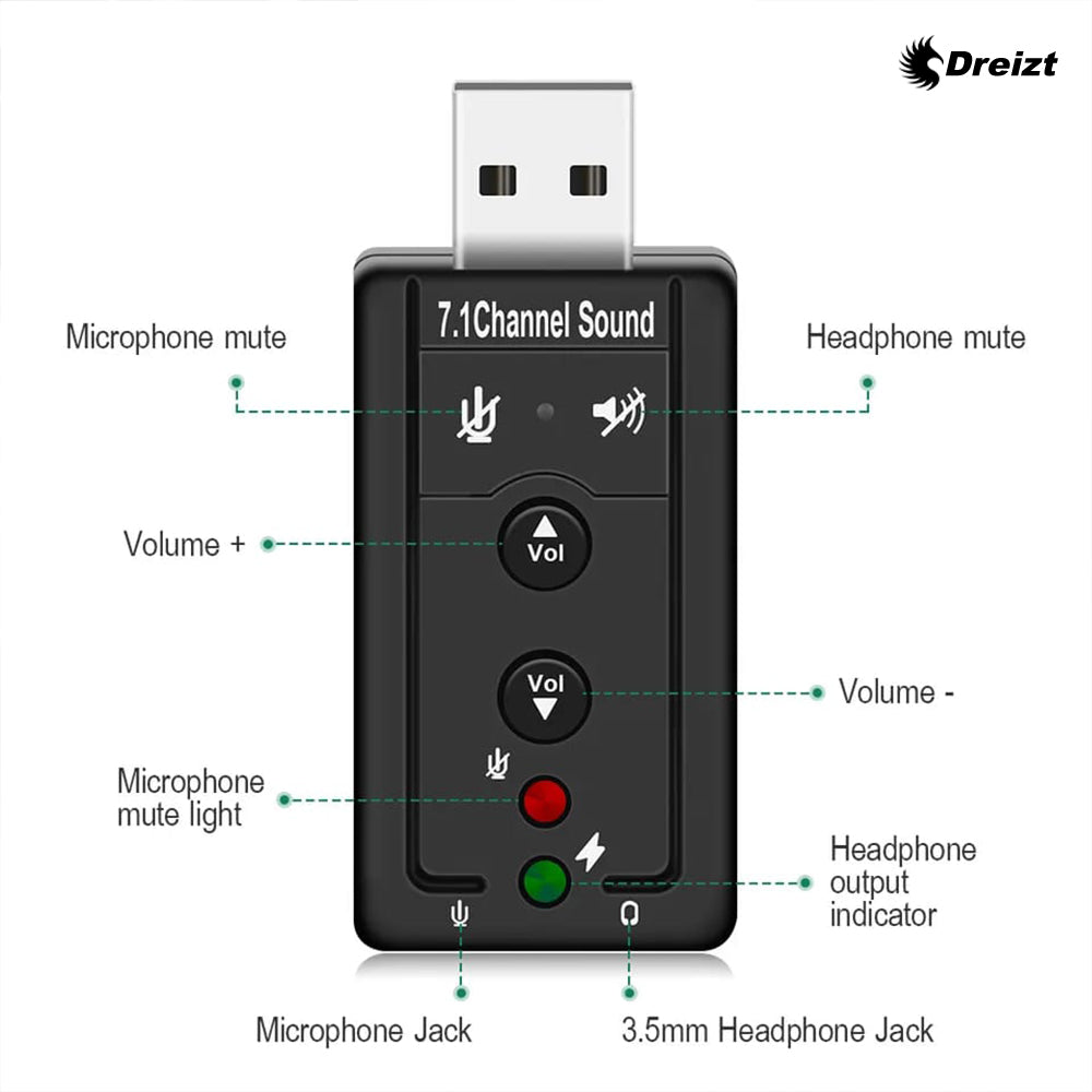 Adaptador USB de Audio Dreizt para Micrófono y Audífonos – 7.1 MIS300014