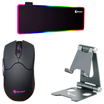 Combo Mouse Gamer Dreizt RGB Mate + Mousepad Gamer RGB  + Soporte para Celular de Aluminio  Dreizt